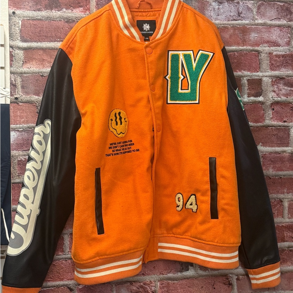 Orange Varsity Jacket with Black Sleeves
